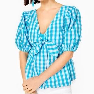 Lilly Pulitzer Sarafina Babydoll
Front Knot Crinkle Gingham Top Sz 2